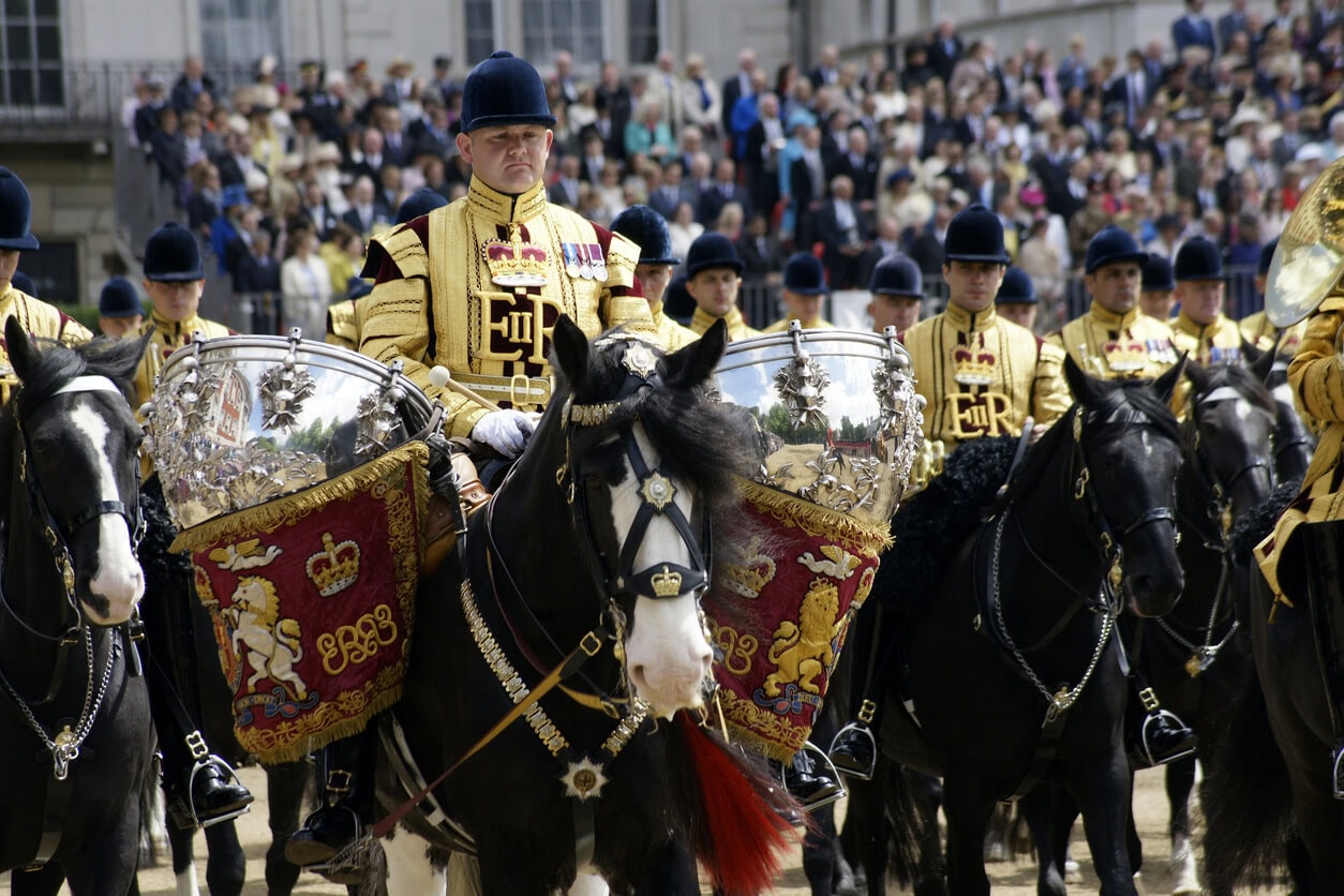 image of drum horses in a royal guard with rider and kettle drums