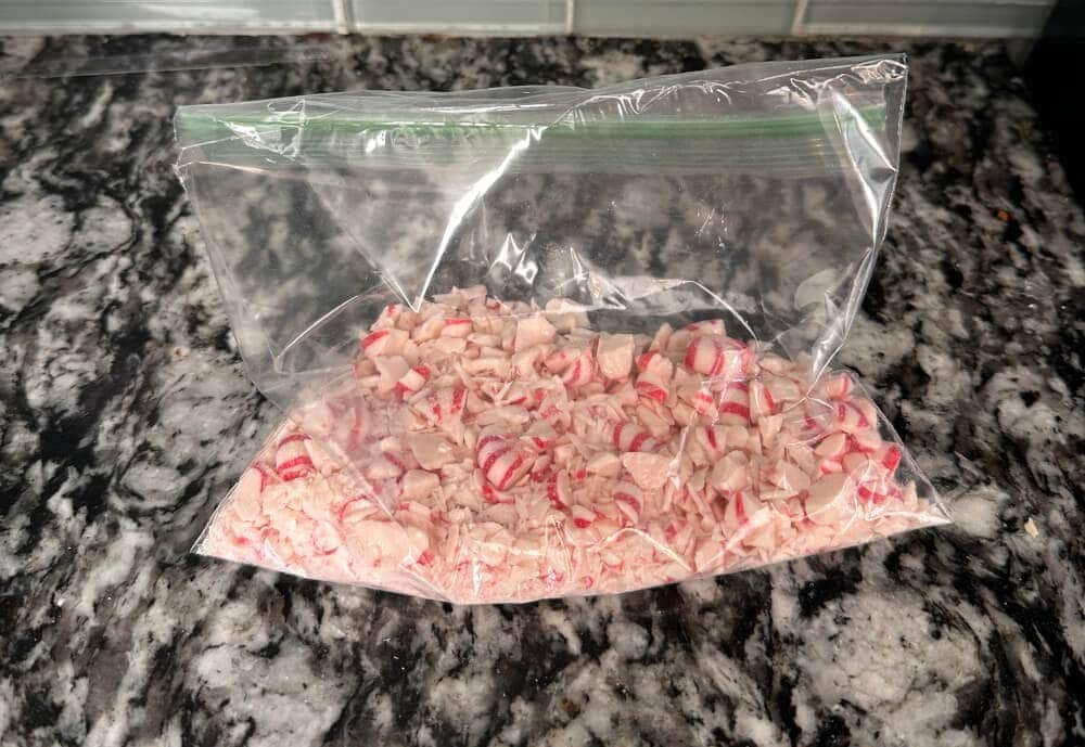 Crushed peppermint candies inside a storage bag