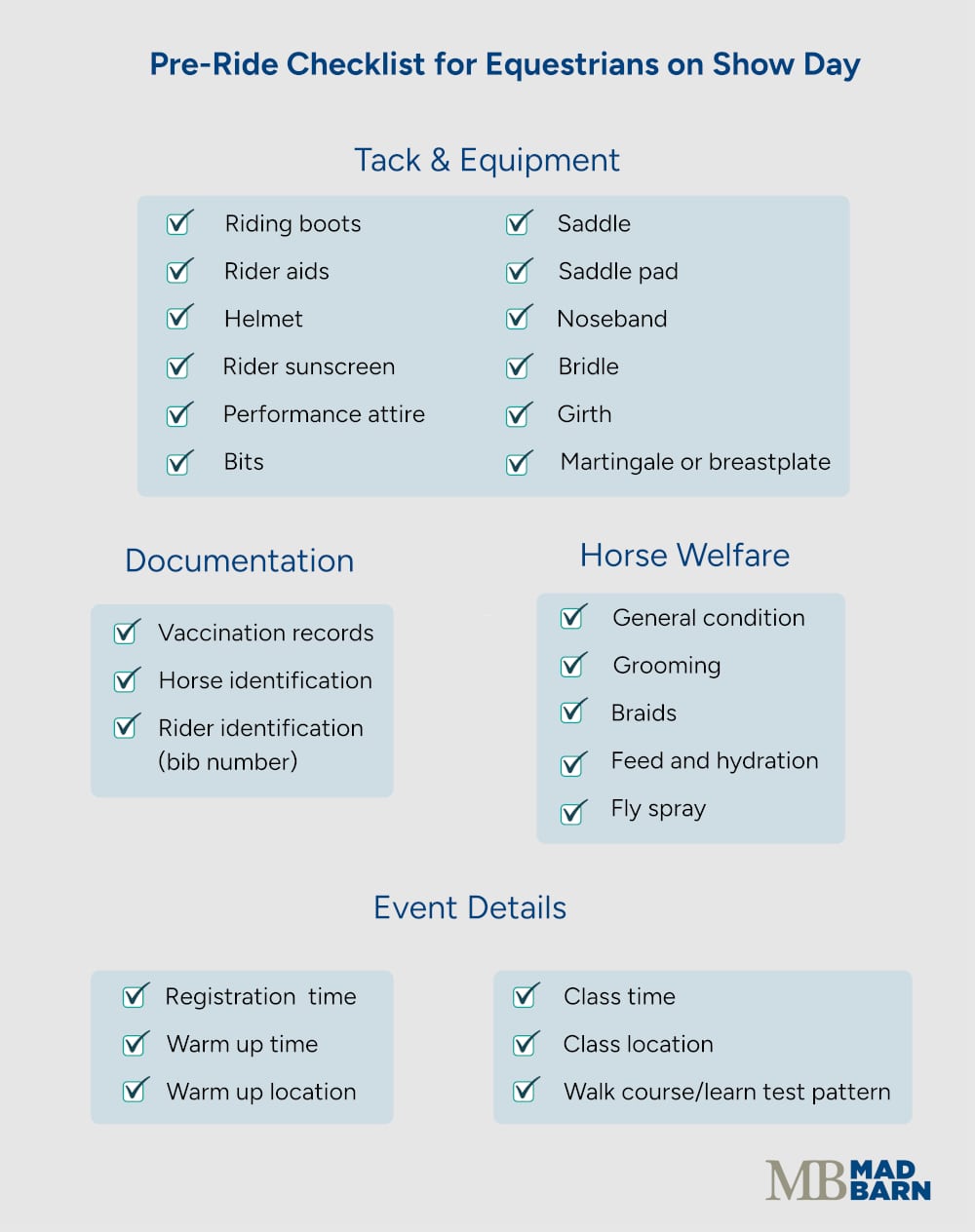 example of pre ride checklist for equestrians