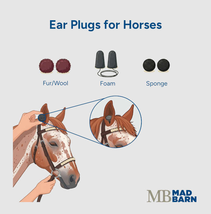 types of equine ear plugs and demonstration of placement